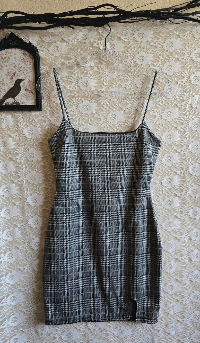 Plaid Mini Dress - Side Slit - Grey - Glen Plaid - Clueless - Y2K - Whimsigoth